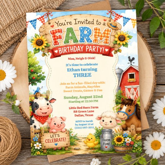 Invitation d'anniversaire de ferme Fête de grange