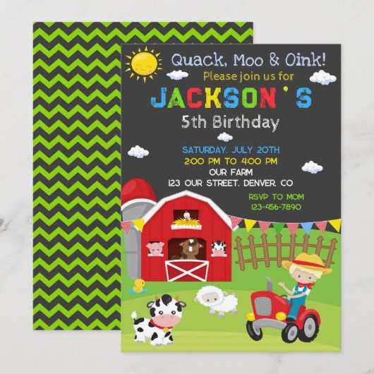 Invitation d'anniversaire de ferme invitation de f (Devant / Derrière)