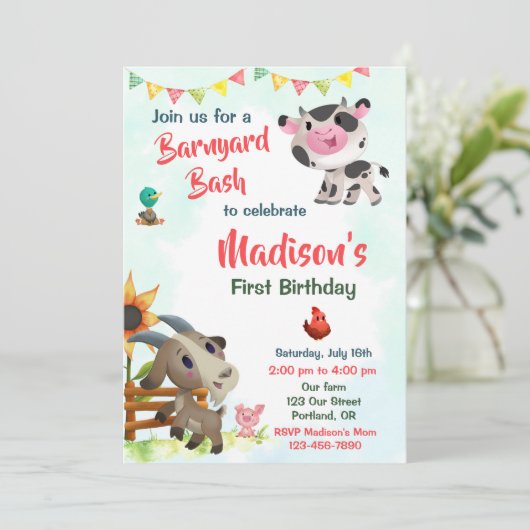 Invitation d'anniversaire de ferme invitation de f (Debout devant)
