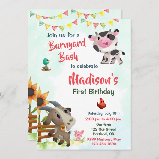 Invitation d'anniversaire de ferme invitation de f (Devant / Derrière)