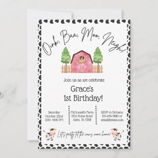 Invitation d'anniversaire de ferme - Vache Imprime (Devant)