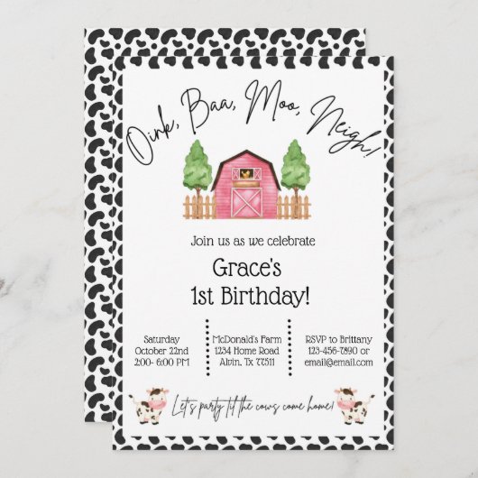Invitation d'anniversaire de ferme - Vache Imprime (Devant / Derrière)