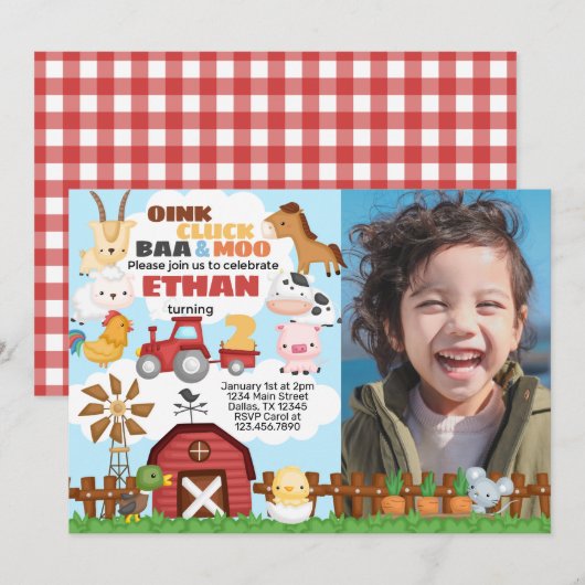 Invitation d'anniversaire de fête à la ferme (Devant / Derrière)