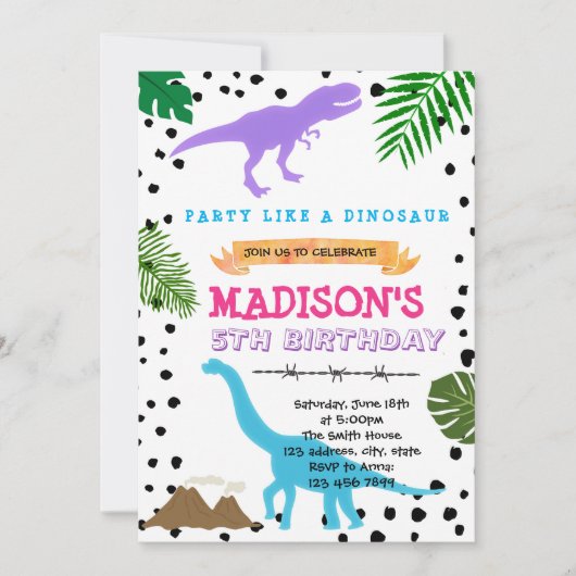 Invitation d'anniversaire de fête de dinosaure de (Devant)