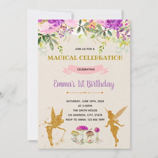 Invitation d'anniversaire de fête de fées violette (Devant)
