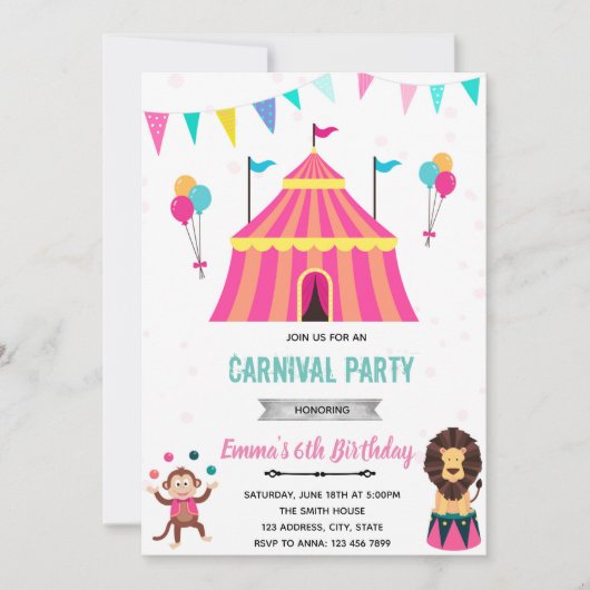 Invitation d'anniversaire de fête de fille de carn (Devant)