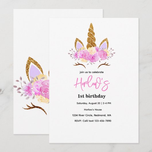 Invitation d'anniversaire de fête de licorne magiq (Devant / Derrière)