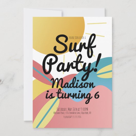Invitation d'anniversaire de fête de surf de plage (Devant)