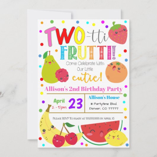 Invitation d'anniversaire de fête des fruits à deu (Devant)