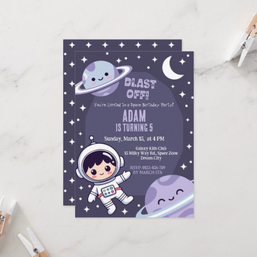 Invitation d'anniversaire de fête spatiale | Astro (Devant/Arrière en situation)