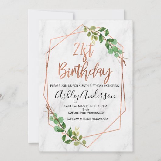 Invitation d'anniversaire de feuillage rose d'or (Devant)