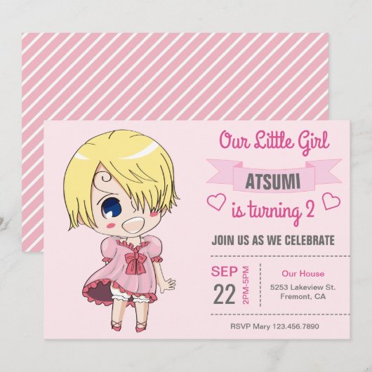 Invitation d'anniversaire de fille anime rose mign (Devant / Derrière)