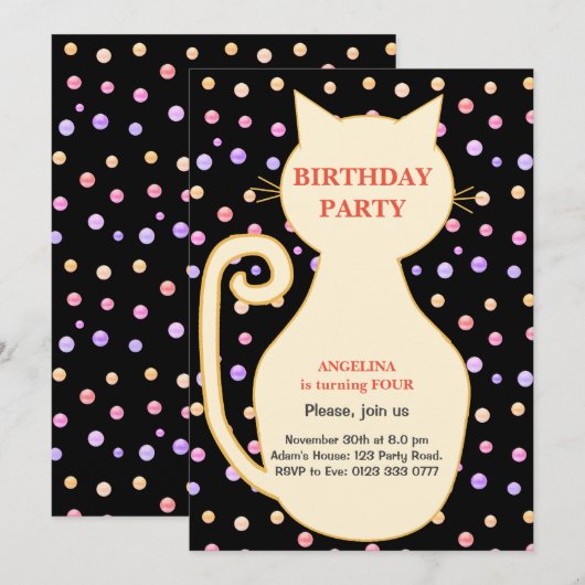 Invitation d'anniversaire de fille au chat (Devant / Derrière)