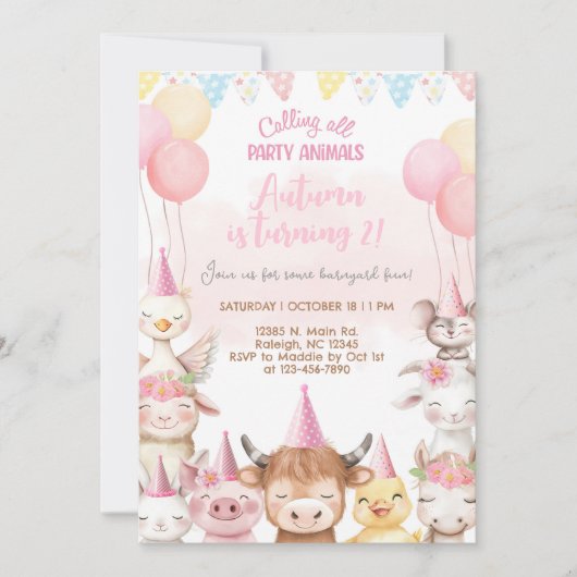 Invitation d'anniversaire de fille avec des animau (Devant)