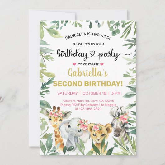 Invitation d'anniversaire de fille d'animaux Safar (Devant)