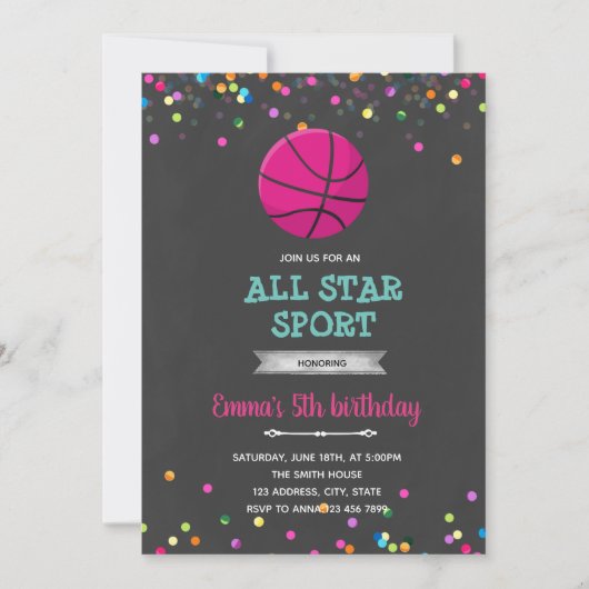 Invitation d'anniversaire de fille de basketball (Devant)