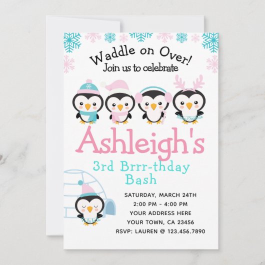 Invitation d'anniversaire de fille de pingouin (Devant)