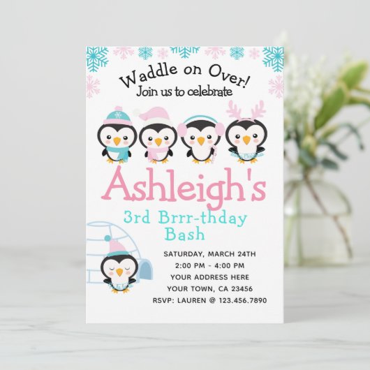 Invitation d'anniversaire de fille de pingouin (Debout devant)