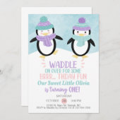 Invitation d'anniversaire de fille de pingouins d' (Devant / Derrière)