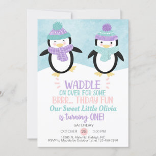 Invitation d'anniversaire de fille de pingouins d'