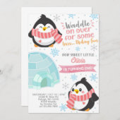 Invitation d'anniversaire de fille de pingouins d' (Devant / Derrière)