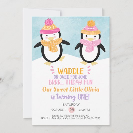 Invitation d'anniversaire de fille de pingouins d' (Devant)