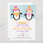 Invitation d'anniversaire de fille de pingouins d' (Devant / Derrière)