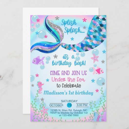 Invitation d'anniversaire de fille de sirène. (Devant / Derrière)