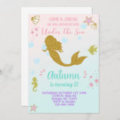 Invitation d'anniversaire de fille de sirène, or. (Devant / Derrière)