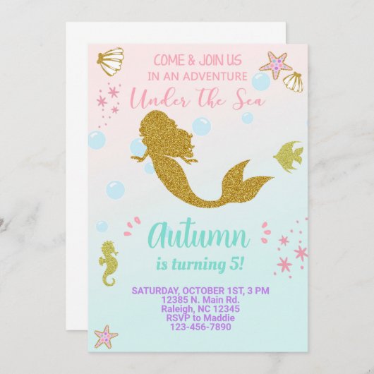 Invitation d'anniversaire de fille de sirène, or. (Devant / Derrière)