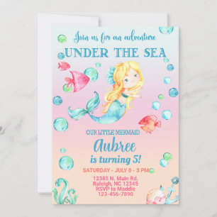 Invitation d'anniversaire de fille de sirène, sous