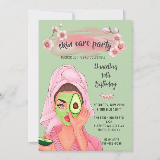 Invitation d'anniversaire de fille de spa vert sau (Devant)