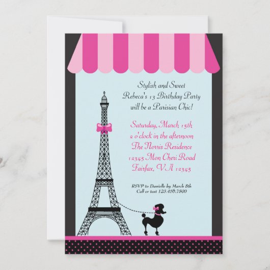 Invitation d'anniversaire de fille de Tour Eiffel (Devant)