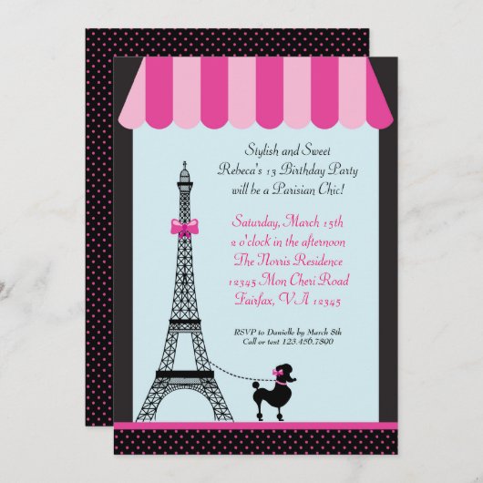 Invitation d'anniversaire de fille de Tour Eiffel (Devant / Derrière)