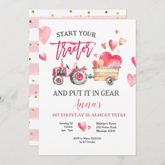 Invitation d'anniversaire de fille de Tracteur ros (Devant / Derrière)