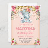 Invitation d'anniversaire de fille d'éléphant rose (Devant / Derrière)