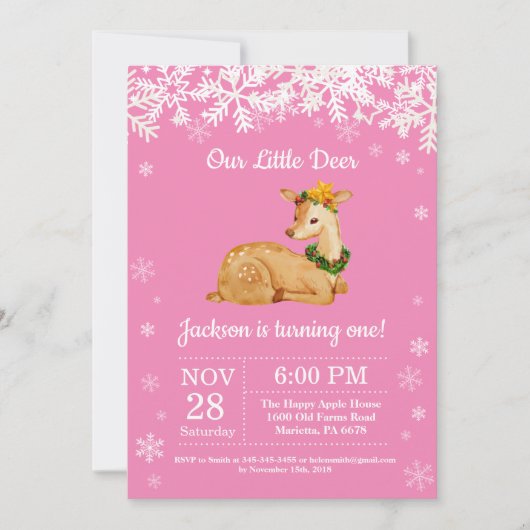 Invitation d'anniversaire de fille d'hiver de cerf (Devant)