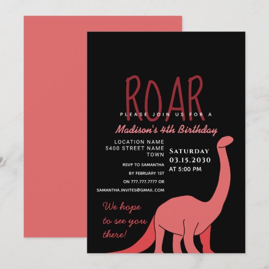 Invitation d'anniversaire de fille dinosaure (Devant / Derrière)