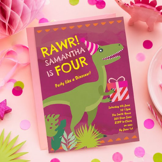 Invitation d'anniversaire de fille dinosaure quatr
