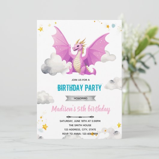 Invitation d'anniversaire de fille dragon (Debout devant)