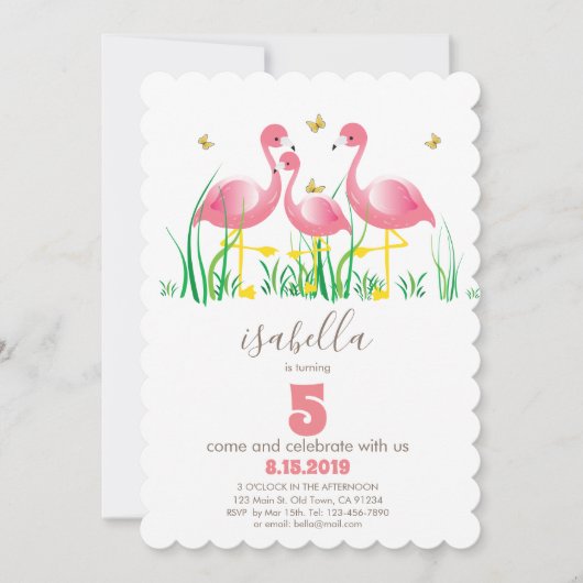 Invitation d'anniversaire de fille Flamant rose ro (Devant)