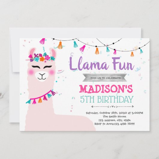 Invitation d'anniversaire de fille lama mignonne (Devant)