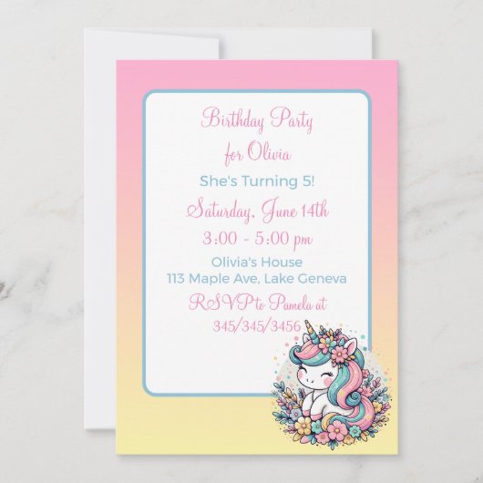 Invitation d'anniversaire de fille licorne rose mi (Devant)