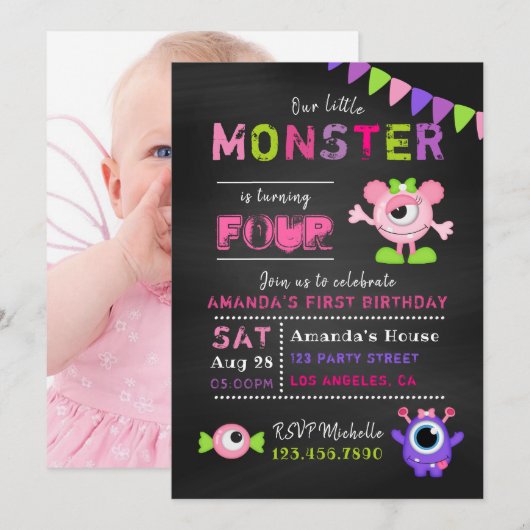Invitation d'anniversaire de fille Little Monster (Devant / Derrière)