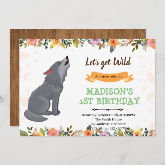 Invitation d'anniversaire de fille loup (Devant / Derrière)
