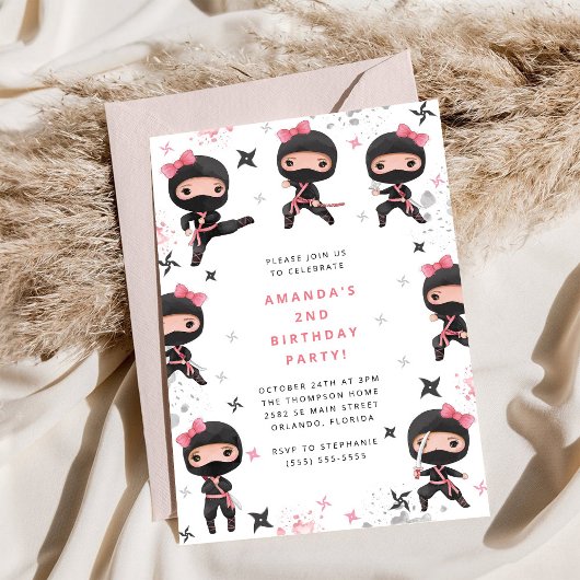 Invitation d'anniversaire de fille ninja, karaté r