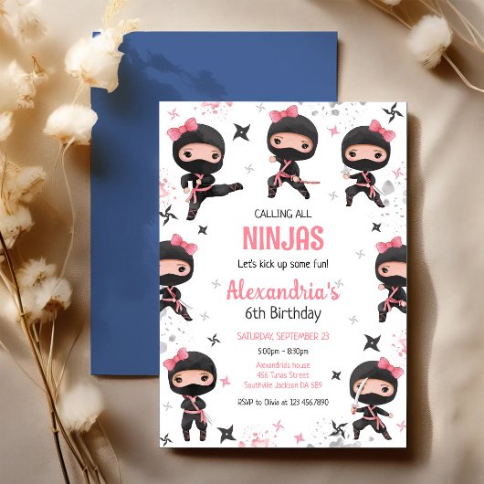 Invitation d'anniversaire de fille ninja rose