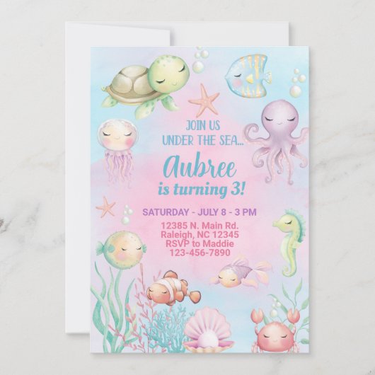 Invitation d'anniversaire de fille Ocean life sous (Devant)
