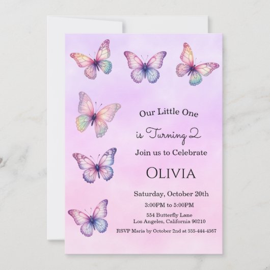 Invitation d'anniversaire de fille papillon (Devant)