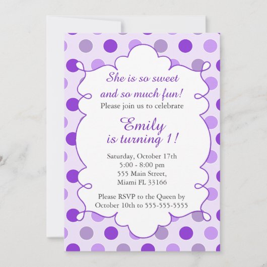 Invitation d'anniversaire de fille Pois violette (Devant)